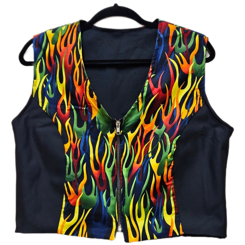 Handmade Black With Multicolor Flames Stretchy Zip Up Vest Measures Large NO TAG